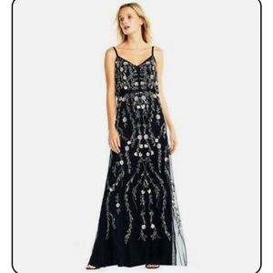Adrianna Papell Navy Blouson Sequin Maxi Gown